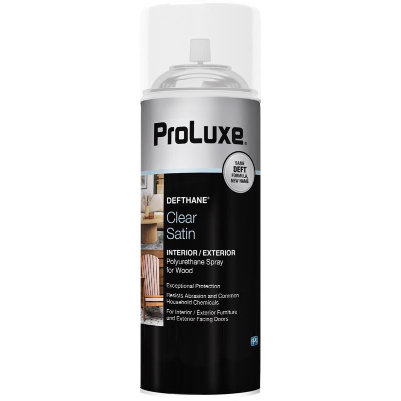 Six cans of Emery Jensen Defthane Satin Aerosol clear polyurethane varnish for protective wood finish application.