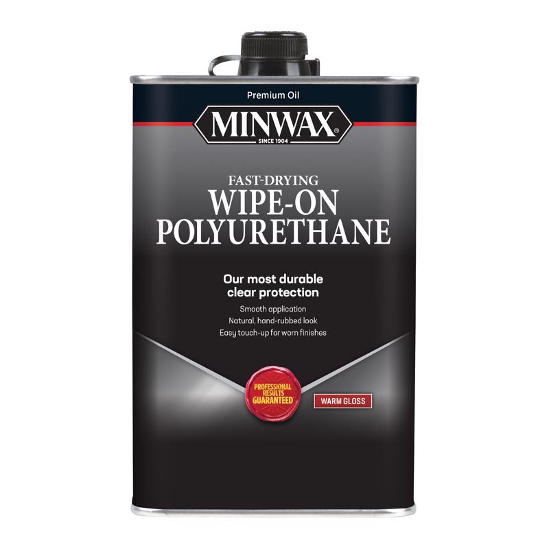 Six quarts of Emery Jensen Finish Poly Gloss clear polyurethane varnish for wood protection and finishing projects.