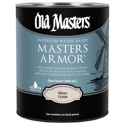 Set of four Emery Jensen Masters Armor Gloss 1-quart clear polyurethane varnish bottles for wood finishing and protection.