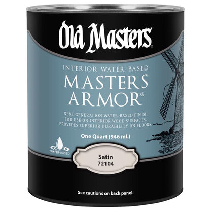 Set of four Emery Jensen Masters Armor Satin 1-quart clear polyurethane varnish cans for wood finishing.
