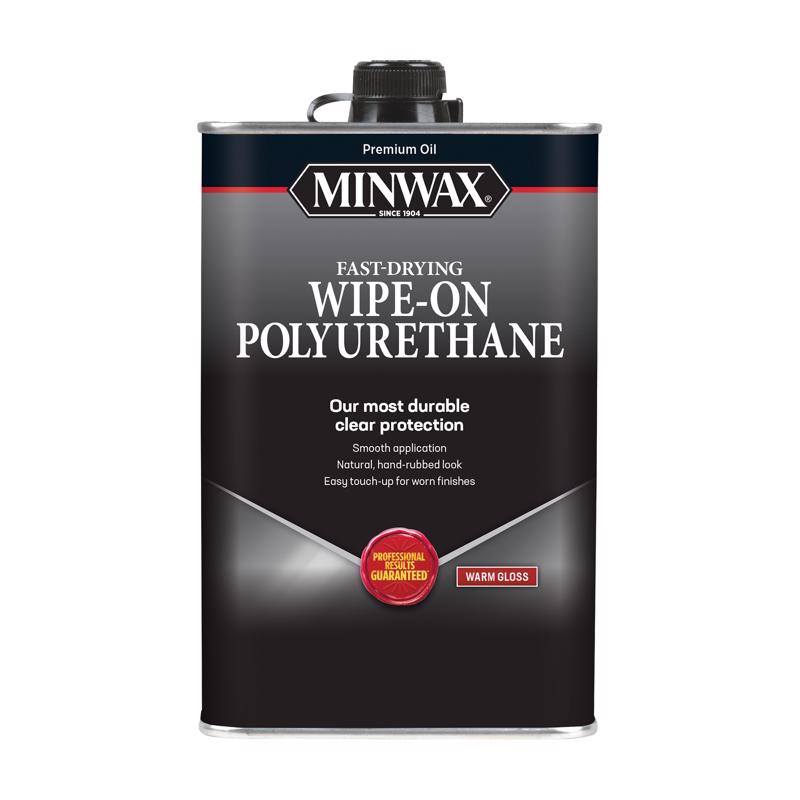 Six 1-pint bottles of Emery Jensen MW Wipe-on Poly GLS clear polyurethane varnish for wood finishing.