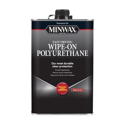 Six 1-pint bottles of Emery Jensen MW Wipe-on Poly GLS clear polyurethane varnish for wood finishing.