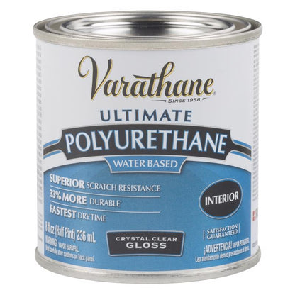 Pack of four Emery Jensen VARATHANE GLOSS 0.5pt clear polyurethane/varnish bottles for wood protection and finishing.
