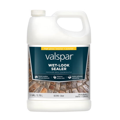 Four gallons of Emery Jensen Wet Look Sealer GLS, clear sealers with a glossy finish, shown in a pack of 4 for durable surface protection.