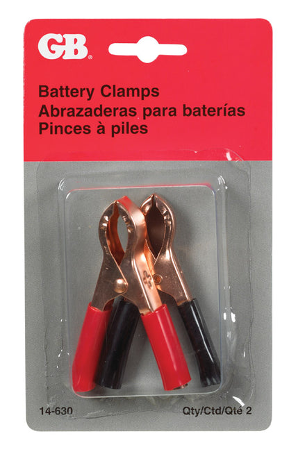 Emery Jensen CLAMP BATTERY INS30A CD2 connector clip for automotive batteries, black plastic with metal terminals.