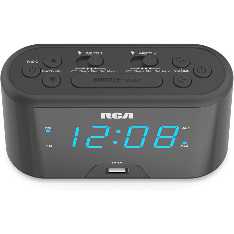 Emery Jensen 4.9-inch USB charging clock radio showing digital display and control buttons.