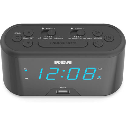 Emery Jensen 4.9-inch USB charging clock radio showing digital display and control buttons.