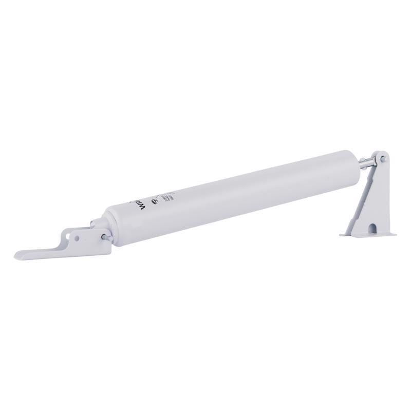 Emery Jensen Florida White close door closer, silver finish, mounted on a door showing its installation and sleek design.