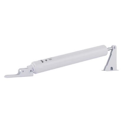 Emery Jensen Florida White close door closer, silver finish, mounted on a door showing its installation and sleek design.