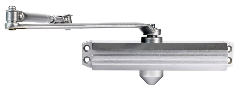 Aluminum closer door from Emery Jensen, adjustable door closer for commercial or residential doors, mounted on door frame.