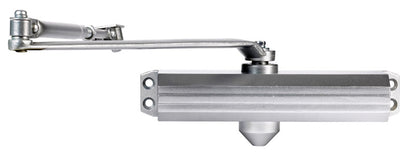 Aluminum closer door from Emery Jensen, adjustable door closer for commercial or residential doors, mounted on door frame.