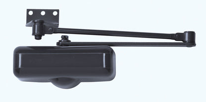 Emery Jensen brown non-hold door closer mounted on a door, showcasing durable metal construction and smooth operation.