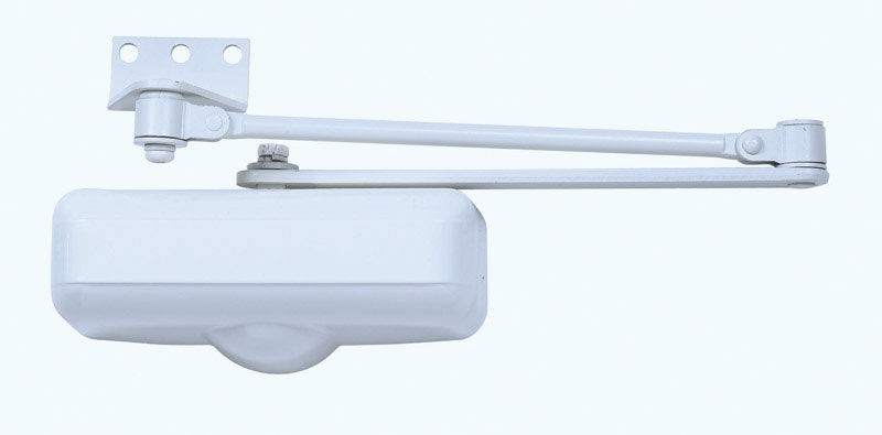 Ivory Emery Jensen door closer, non-hold open model, mounted on a door, showcasing smooth operation and sleek design.
