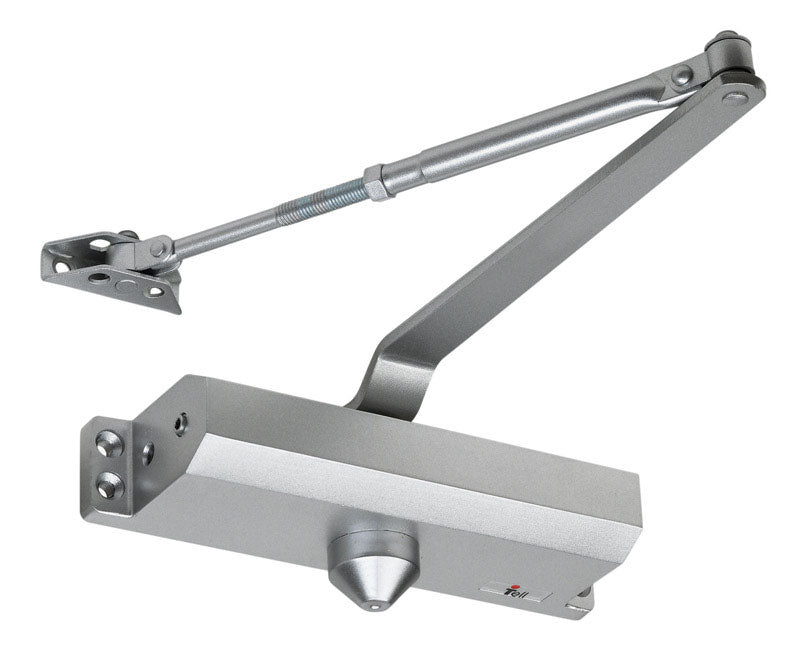 Emery Jensen SZ4 commercial aluminum door closer mounted on a door, showcasing its sleek silver finish and installation details.