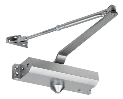 Emery Jensen SZ4 commercial aluminum door closer mounted on a door, showcasing its sleek silver finish and installation details.