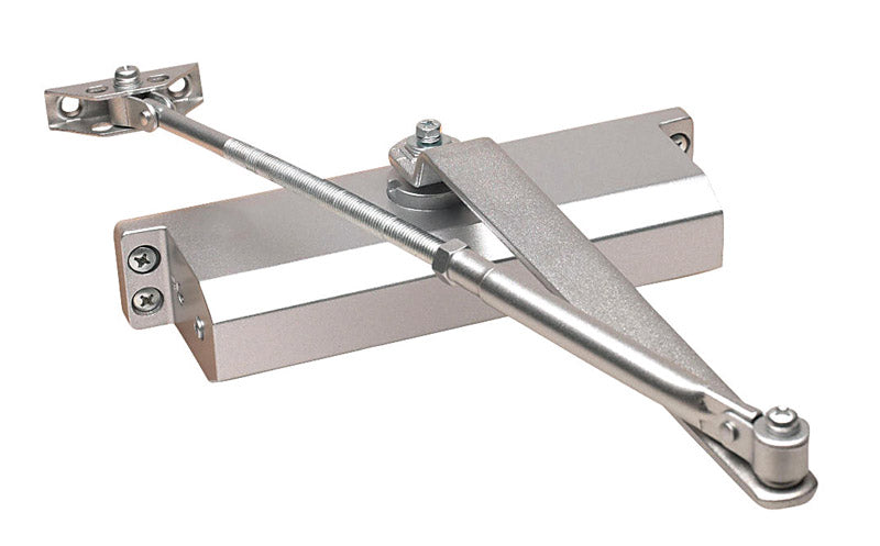Emery Jensen CLOSER GR3 SZ4 alum door closer mounted on a door with visible mounting hardware and sleek finish.