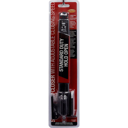 Black adjustable door closer from Emery Jensen with open hold-open feature, designed for smooth door operation.
