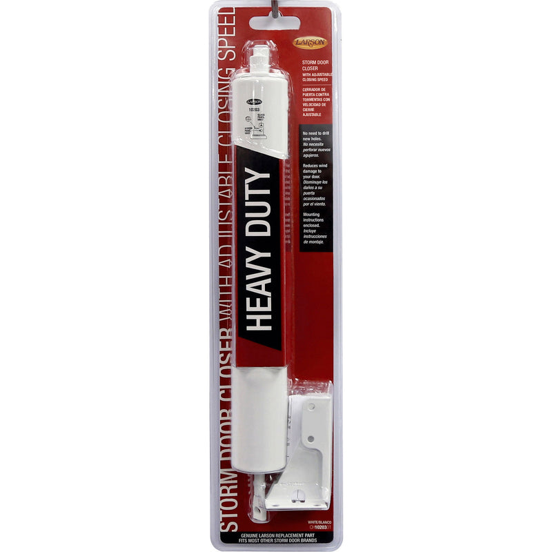 White adjustable heavy-duty door closer by Emery Jensen, shown mounted on a door for secure closing.