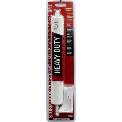 White adjustable heavy-duty door closer by Emery Jensen, shown mounted on a door for secure closing.