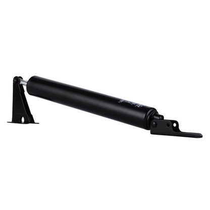Emery Jensen pneumatic aluminum black door closer, showcasing the sleek black finish and compact design for residential or commercial doors.