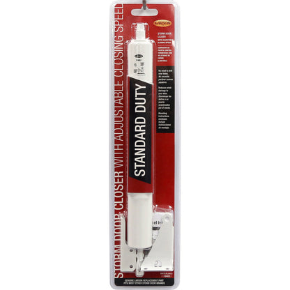 Emery Jensen white adjustable standard door closer, visible with metal components and mounting hardware.