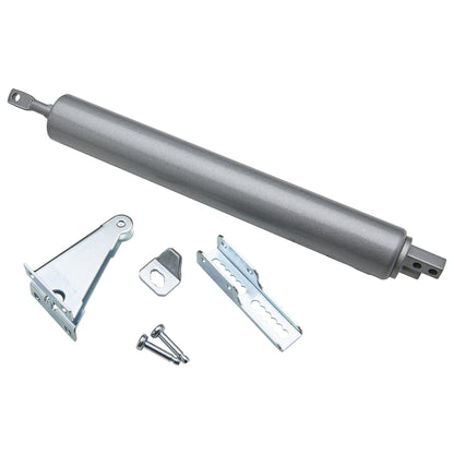 Aluminum door closer from Emery Jensen, mounted on a door, with a sleek, silver finish and adjustable arm for smooth operation.