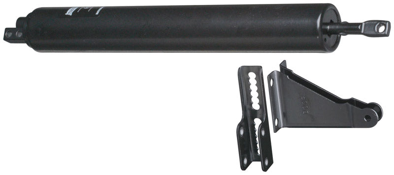 Black Emery Jensen door closer mounted on door, showcasing durable metal construction and smooth operation.