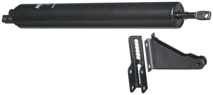 Black Emery Jensen door closer mounted on door, showcasing durable metal construction and smooth operation.