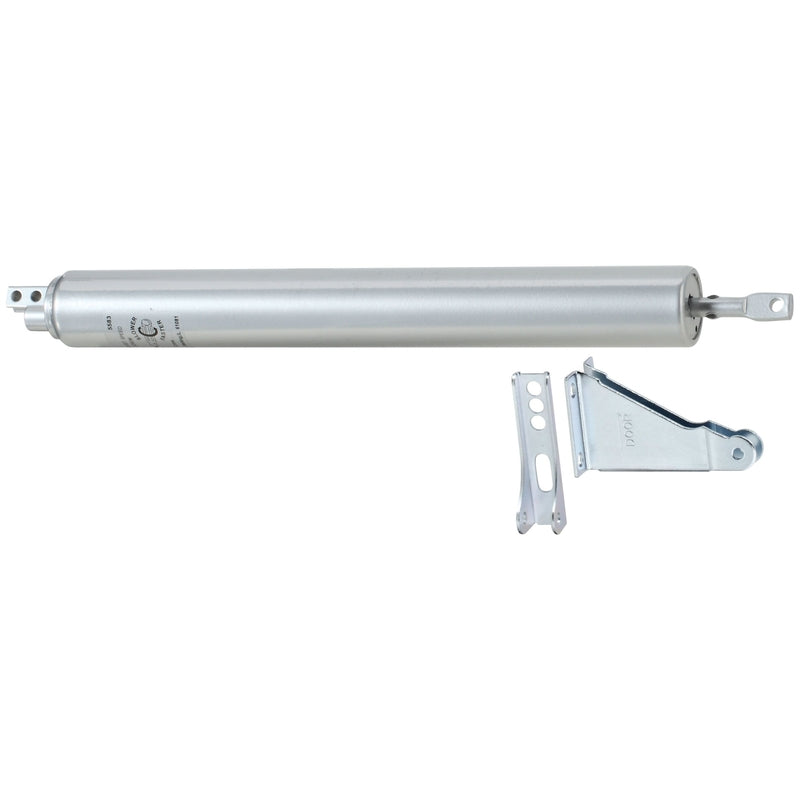 Emery Jensen door closer LT DTY Alum mounted on door frame, silver finish, automatic door closing mechanism for commercial use
