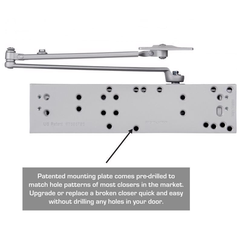 Steel aluminum door closer by Emery Jensen, mounted on a door, with adjustable arm and sleek metal finish.