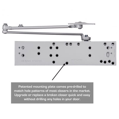 Steel aluminum door closer by Emery Jensen, mounted on a door, with adjustable arm and sleek metal finish.