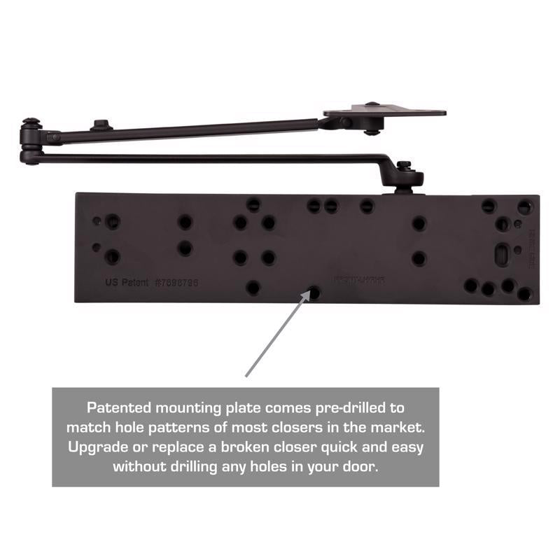 Steel bronze Emery Jensen door closer, industrial-style metal hardware for door control and smooth closing.