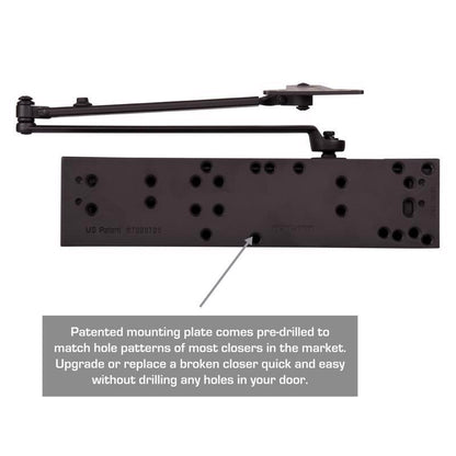Steel bronze Emery Jensen door closer, industrial-style metal hardware for door control and smooth closing.