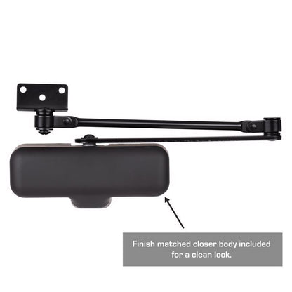 Steel door closer from Emery Jensen with matte black finish, mounted on a door for smooth closing operation.