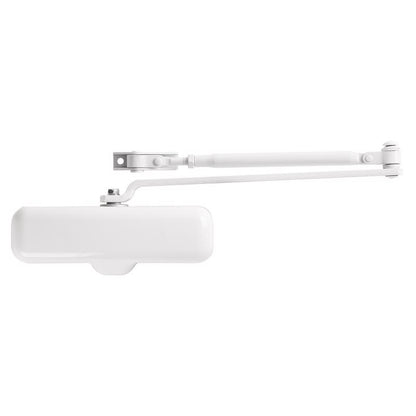 Emery Jensen white adjustable door closer, heavy-duty model, mounted on a standard door for smooth closing functionality.