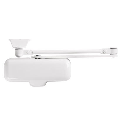 White door closer from Emery Jensen with adjustable tension, designed for smooth and secure door operation.