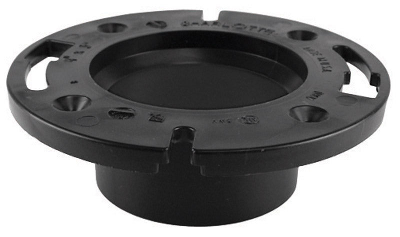 Emery Jensen ABS closet flange 3x4 inch for bathroom plumbing, showing white plastic flange with mounting holes