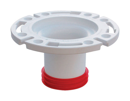 Emery Jensen PVC closet flange push type, 3-inch diameter, white plastic plumbing fitting for toilet installation.
