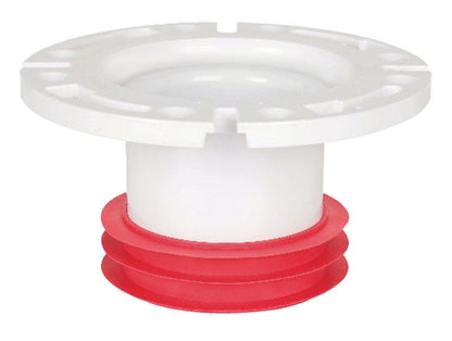 PVC closet flange push type, 4-inch size by Emery Jensen, installed on bathroom floor with visible pipe connection.