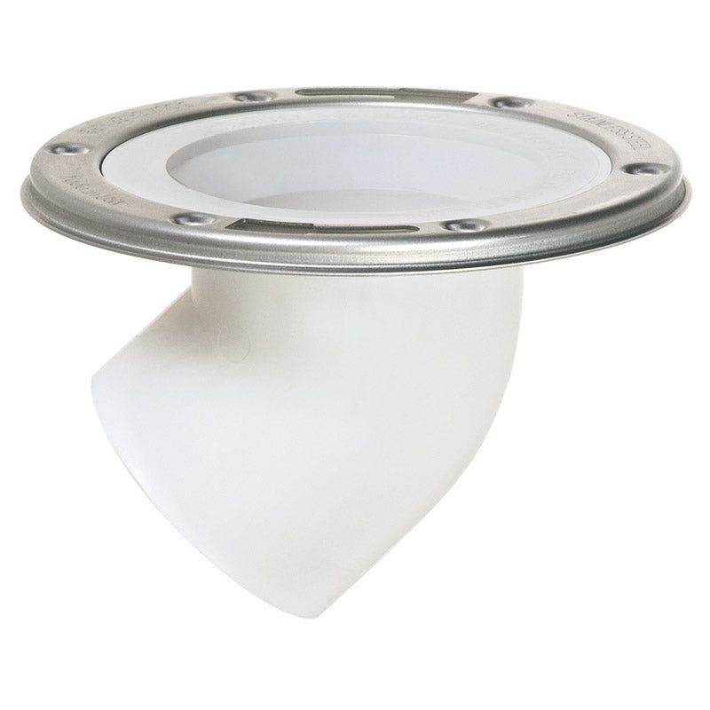 PVC closet flange by Emery Jensen, SWVL3 model, showing the white PVC flange with bolt holes for toilet installation.