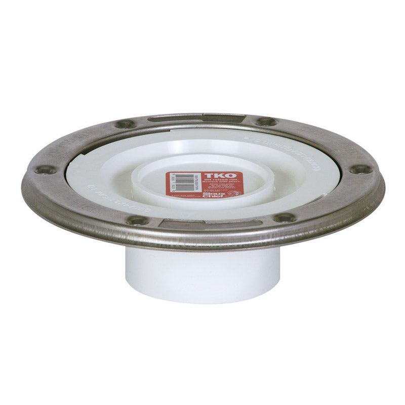 PVC closet flange by Emery Jensen, 3-inch size, durable plastic fitting for toilet installation, shown in image.