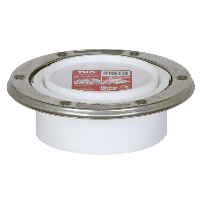 PVC closet flange by Emery Jensen, 4-inch size, durable plastic flange for toilet installation, shown in the image.
