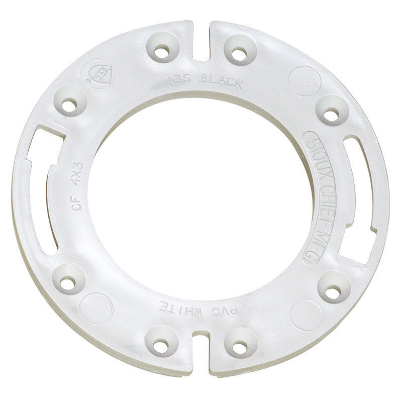 PVC closet flange ring by Emery Jensen, 4-inch diameter, durable plastic fitting for toilet installation.
