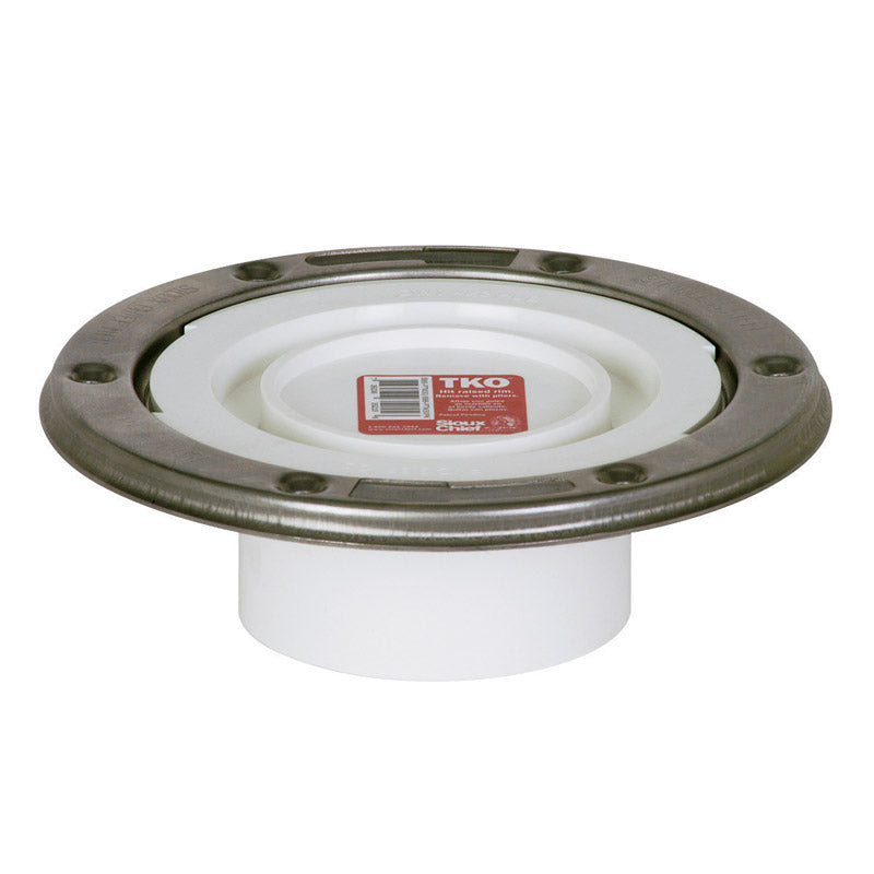PVC closet flange SCH30 3-inch by Emery Jensen, used for toilet installation, with a white plastic construction and mounting holes.