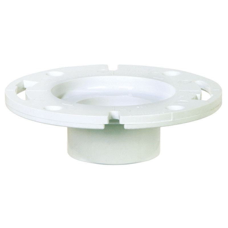 PVC closet flange spig for 3-inch pipes by Emery Jensen, showing the white plastic flange with mounting holes.
