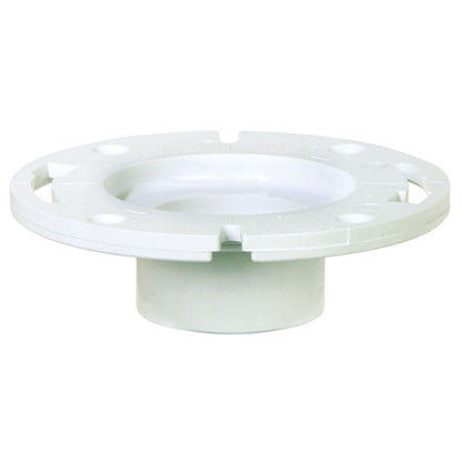 PVC closet flange spig for 3-inch pipes by Emery Jensen, showing the white plastic flange with mounting holes.