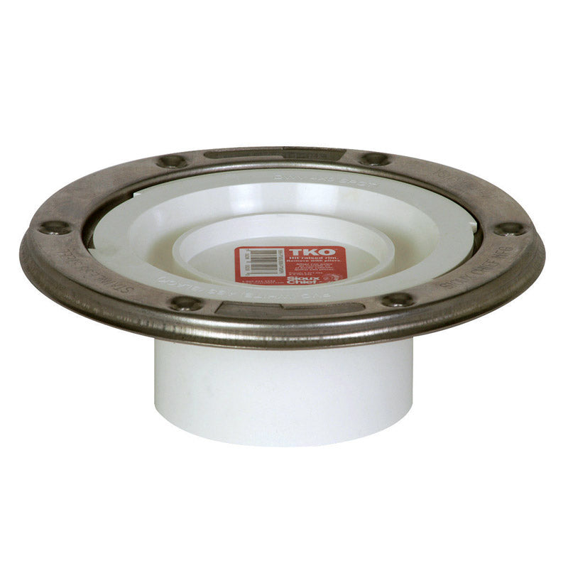 Emery Jensen PVC closet flange with metal ring for secure toilet installation, standard bathroom plumbing component