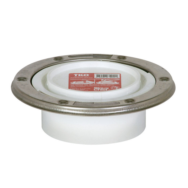 Emery Jensen PVC closet flange with metal mounting ring, designed for secure attachment in plumbing installations.