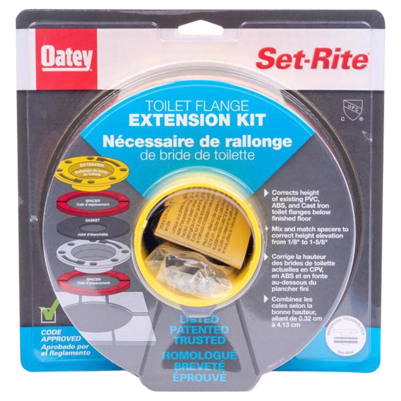 PVC toilet flange extension kit by Emery Jensen, showing a white closet flange with extension components for secure installation.