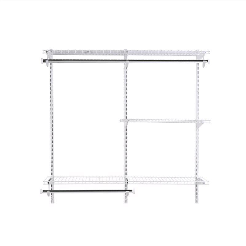 Emery Jensen closet kit for 4-8 feet spaces, includes adjustable shelves and rods for organized closet storage.